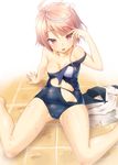  ahoge arm_support ayagi_daifuku bare_shoulders breasts cameltoe cleavage collarbone hair_ornament i-58_(kantai_collection) kantai_collection looking_at_viewer navel parted_lips pink_eyes pink_hair school_swimsuit shirt shirt_removed short_hair sitting small_breasts solo strap_slip swimsuit tile_floor tiles torn_clothes torn_shirt torn_swimsuit wariza wet 