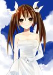  :3 bare_shoulders brown_eyes brown_hair cloud cloudy_sky day dress elbow_gloves gloves hair_ribbon heart highres jewelry kantai_collection long_hair nashi_(shi_ra_nu_i) ribbon ring single_earring single_elbow_glove sky solo strapless strapless_dress tone_(kantai_collection) twintails wedding_band wedding_dress white_dress white_ribbon 
