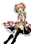  bell book boots covering_mouth cross-laced_footwear hair_bell hair_ornament japanese_clothes kimono knee_boots light_brown_hair long_sleeves motoori_kosuzu sash seeker sitting solo touhou two_side_up white_background wide_sleeves 