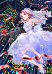  assault_rifle bare_shoulders blue_eyes bridal_veil dress earrings elbow_gloves glasses gloves gun hair_ribbon highres jewelry jumping legs m4_carbine necklace original pink_hair ribbon rifle shell_casing shoes short_hair smile solo stained_glass tsurukame_(doku) veil weapon wedding_dress 