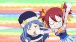  2girls angry animated animated_gif blue_hair chelia_blendy coat fairy_tail fighting gloves hat juvia_loxar long_hair multiple_girls red_hair skirt twintails 