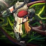  backpack bag beret blonde_hair blue_eyes camouflage coh gloves green_legwear gun hat jacket knife long_sleeves lowres military military_uniform mouth_hold nature original solo thighhighs uniform weapon 