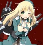  atago_(kantai_collection) blonde_hair blush breasts dated green_eyes hat kantai_collection large_breasts long_hair one_eye_closed open_mouth pantyhose solo torn_clothes torn_legwear wara_(warapro) 