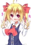  :d ahoge alternate_hairstyle ascot blonde_hair bow esureki fang hair_bow hair_ribbon looking_at_viewer open_mouth red_eyes ribbon rumia smile solo touhou twintails 