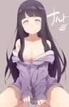  bad_id bad_pixiv_id black_hair breasts cleavage hyuuga_hinata jacket jacket_tug k@ito90p kneeling large_breasts long_hair looking_at_viewer naruto naruto_(series) naruto_shippuuden off_shoulder sleeves_past_wrists smile solo squatting unzipped white_eyes 