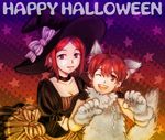  animal_costume chain commentary costume fire_emblem fire_emblem:_kakusei gloves halloween happy_halloween hat mark_(female)_(fire_emblem) mark_(fire_emblem) mother_and_daughter multiple_girls noire_(fire_emblem) one_eye_closed paw_gloves paws purple_eyes red_eyes red_hair witch_hat wolf_costume 