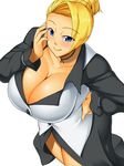  :p blonde_hair blue_eyes blush breasts cleavage earrings hair_bun huge_breasts jewelry kawanuma_uotsuri mature_(kof) no_legwear short_hair skirt smile solo the_king_of_fighters tongue tongue_out 