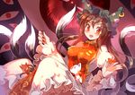  alternate_hair_length alternate_hairstyle animal_ears breasts brown_hair cat cat_tail chen dress fang gap hat large_breasts long_hair long_sleeves looking_at_viewer multiple_tails nekomata older red_eyes sketch smile solo tabard tail touhou yetworldview_kaze 