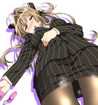  amagi_brilliant_park antenna_hair blush breasts business_suit egg_vibrator formal hair_intakes heavy_breathing large_breasts long_hair long_sleeves lying on_back pantyhose pencil_skirt pinstripe_suit sento_isuzu skirt skirt_suit solo striped suit vibrator yoshiki360 