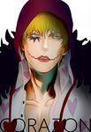  blonde_hair blue_eyes character_name corazon donquixote_rocinante earflap_hat facial_mark hat heart_print limine lipstick makeup male_focus one_piece open_collar parted_lips solo 