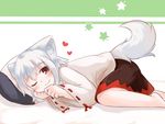  ;) animal_ears bad_id bad_twitter_id green_background heart inubashiri_momiji kibisake lying no_hat no_headwear on_side one_eye_closed pillow red_eyes ribbon-trimmed_sleeves ribbon_trim shirt short_hair simple_background skirt smile tail touhou two-tone_background white_hair wide_sleeves wolf_ears wolf_tail 