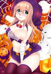  bandages bat blush bow bowtie breast_slip breasts candy cleavage cross detached_collar elbow_gloves food full-face_blush ghost gloves green_eyes halloween hand_on_headwear hat high_heels highres jack-o'-lantern large_breasts lollipop midriff mouth_hold navel nipple_slip nipples one_breast_out original panties puffy_nipples silk skirt skirt_lift solo_focus spider_web striped striped_gloves striped_panties taut_clothes thighhighs tongue tongue_out underwear witch witch_hat yuna_(spn28u79) 
