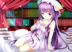  adapted_costume ajiriko alternate_costume bad_id bad_pixiv_id banned_artist bed book bow hair_bow hair_ribbon hat long_hair looking_at_viewer mob_cap pajamas parted_lips patchouli_knowledge purple_eyes purple_hair ribbon sitting solo touhou 
