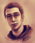  absurdres arteezy artist_name brown brown_hair character_name closed_mouth commentary defense_of_the_ancients dota_2 earrings english_commentary forehead half-closed_eyes highres jewelry lips looking_at_viewer male_focus nose nostrils original portrait real_life realistic rikku7 sepia signature solo stud_earrings widow's_peak 