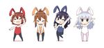  4koma ^_^ akatsuki_(kantai_collection) animal_ears arm_up bare_shoulders black_hair brown_hair bunny_ears bunnysuit chibi closed_eyes comic hair_ornament hairclip hibiki_(kantai_collection) highres ikazuchi_(kantai_collection) inazuma_(kantai_collection) jitome kantai_collection kurono_nekomaru long_hair looking_at_viewer multiple_girls open_mouth pantyhose short_hair silver_hair smile 