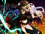  1girl bad_id bad_pixiv_id bat_hair_ornament bat_wings black_legwear bolt boots caren_hortensia carrying dairii dress fate/hollow_ataraxia fate/stay_night fate_(series) father_and_daughter hair_ornament halloween kotomine_kirei princess_carry stitches thighhighs white_hair wings yellow_eyes 