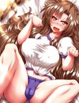  animal_ears blush breasts brown_hair buruma cameltoe covered_nipples fang groin gym_uniform highres imaizumi_kagerou impossible_clothes large_breasts long_hair looking_at_viewer midriff navel open_mouth orange_eyes solo touhou wolf_ears zan_(harukahime) 