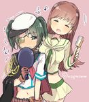  alternate_hairstyle blush brown_hair eighth_note eyepatch gloves green_eyes green_hair hair_brush hand_mirror hat kanro_ame_(ameko) kantai_collection kiso_(kantai_collection) long_hair midriff mirror multiple_girls musical_note ooi_(kantai_collection) pleated_skirt remodel_(kantai_collection) school_uniform serafuku short_hair skirt smile sweat twitter_username 