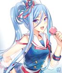  :d alternate_costume aoki_hagane_no_arpeggio bare_shoulders blue_eyes blue_hair long_hair looking_at_viewer luzi microphone mole mole_under_mouth open_mouth school_uniform see-through serafuku simple_background sketch smile solo takao_(aoki_hagane_no_arpeggio) tsurime upper_body white_background 