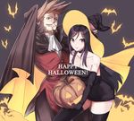  1girl bat beard brown_hair facial_hair guilty_gear halloween hat husband_and_wife jack-o'-lantern long_hair mitsumachi_senji monocle mustache pumpkin sharon_(guilty_gear) slayer_(guilty_gear) thighhighs witch_hat 