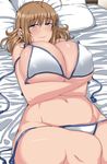  ahoge bed bikini blue_eyes breast_hold breasts brown_hair highres huge_breasts komusou_(jinrikisha) lying on_back ooba_minori original pillow smile solo swimsuit wide_hips 