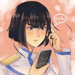  arnat_chintanont black_hair blue_eyes blush cellphone english expressionless eyebrows holding holding_phone kill_la_kill kiryuuin_satsuki military military_uniform panties phone short_hair smartphone speech_bubble thick_eyebrows thought_bubble underwear uniform upper_body 