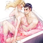  anal bath birthmark black_eyes black_hair blonde_hair blush censored cowgirl_position curly_hair giorno_giovanna guido_mista hair_down heart heart_censor joestar_birthmark jojo_no_kimyou_na_bouken long_hair male_focus multiple_boys sex straddling tears yaoi zakki 