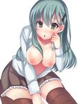  :o aqua_hair blush breasts breasts_outside brown_legwear collarbone green_eyes hair_ornament hairclip kamanatsu kantai_collection large_breasts long_hair looking_at_viewer nipples no_bra open_clothes open_shirt shirt sitting solo suzuya_(kantai_collection) thighhighs wariza white_background zettai_ryouiki 