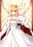  ahoge artoria_pendragon_(all) blonde_hair cape crown dress fate/stay_night fate_(series) gloves green_eyes ribbon saber smile solo white_dress white_gloves yaho_(yaho0211) 