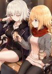  2girls ahoge bangs bench black_coat black_dress black_legwear blonde_hair blue_eyes blush braid breasts buttons can closed_mouth coat collarbone commentary_request dress drink eyebrows_visible_through_hair fate/grand_order fate_(series) frown fur-trimmed_coat fur_trim grey_coat hair_between_eyes half-closed_eyes haoni holding holding_can jeanne_d&#039;arc_(alter)_(fate) jeanne_d&#039;arc_(fate) jeanne_d&#039;arc_(fate)_(all) jewelry large_breasts legs_crossed long_hair long_sleeves looking_at_another looking_down multiple_girls necklace open_clothes open_coat pantyhose park_bench red_scarf ribbed_sweater scarf short_hair sidelocks silver_hair single_braid sitting smile sweater sweater_dress v-shaped_eyebrows white_sweater wing_collar yellow_eyes zipper 