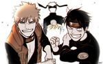  3boys back bleach crossover farewell forehead_protector gaetshang kurosaki_ichigo male male_focus monkey_d_luffy monochrome multiple_boys naruto one_piece spiked_hair translation_request uzumaki_naruto 