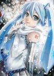  2014 absurdres blue_eyes blue_hair cowboy_shot detached_sleeves gloves hatsune_miku headset highres huge_filesize long_hair necktie robert_knight scarf signature snowflakes solo tattoo twintails vocaloid white_scarf yuki_miku 