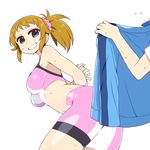  arms_behind_back bare_shoulders bdsm bike_shorts blue_eyes blush bondage bound bound_arms breasts brown_hair chan_co cowboy_shot from_behind gundam gundam_build_fighters gundam_build_fighters_try hoshino_fumina jacket large_breasts long_hair looking_back midriff navel ponytail rope scrunchie smile solo_focus sports_bra sweat 