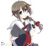  blue_eyes blush braid brown_hair dated hair_over_shoulder kantai_collection long_hair looking_at_viewer shigure_(kantai_collection) simple_background single_braid sketch smile solo wara_(warapro) white_background 