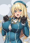  atago_(kantai_collection) black_gloves blonde_hair blush breasts buttons cleavage cleavage_cutout covered_nipples gloves green_eyes hands_up hat huge_breasts kantai_collection long_hair military military_uniform open_mouth revision satou_samu solo uniform 