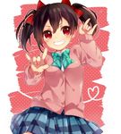  \m/ bad_id bad_pixiv_id black_hair double_\m/ grin hair_ribbon looking_at_viewer love_live! love_live!_school_idol_project nico_nico_nii otonokizaka_school_uniform plaid plaid_skirt pleated_skirt red_eyes ribbon rinndouk school_uniform skirt smile solo twintails yazawa_nico 