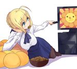  ahoge aqua_eyes artoria_pendragon_(all) black_legwear blonde_hair controller cookie fate/stay_night fate_(series) food holding lying mouth_hold pantyhose remote_control saber solo television usatsuka_eiji watching_television 