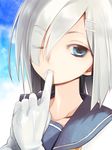  blue_eyes gloves hair_ornament hair_over_one_eye hairclip hamakaze_(kantai_collection) kantai_collection one_eye_closed primary_stage short_hair solo white_hair 