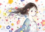  black_hair blue_jacket blush braid flower hair_blowing hair_flower hair_ornament hairclip jacket long_hair original pale_skin parted_lips petals purple_eyes seuga solo upper_body wind 