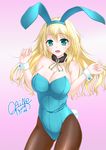  adapted_costume animal_ears ascot atago_(kantai_collection) blonde_hair breasts bunny_ears bunny_tail bunnysuit cleavage gaine_(artist) green_eyes highres kantai_collection large_breasts long_hair pantyhose tail wrist_cuffs 