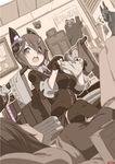  bangs bear blush bow bow_panties chestnut_mouth dutch_angle eyepatch fingerless_gloves gloves headgear holding holding_panties indoors kantai_collection knees_up laundry long_sleeves looking_at_viewer lying monochrome multiple_girls necktie on_back open_mouth panties panties_removed poster_(object) school_uniform sepia short_hair sitting skirt sleeves_folded_up spot_color tenryuu_(kantai_collection) thighhighs underwear wing_collar yuuzii 
