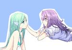  bare_shoulders blue_eyes eye_contact green_eyes green_hair hand_on_another's_cheek hand_on_another's_face head_fins long_hair looking_at_another mermaid monster_girl multiple_girls mylovelydevil original profile purple_hair simple_background smile yuri 