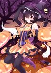  absurdres animal_ears black_hair cat_ears elbow_gloves facial_mark ghost gloves halloween hat highres jack-o'-lantern nugi_(armenci) original personification red_eyes short_hair solo tail witch_hat 