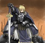  a_game_of_thrones armor blonde_hair boots cape fate_(series) gauntlets green_eyes kimbbq saber sitting sword weapon 