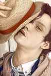  1boy collared_shirt fedora hat headwear_removed male male_focus noenga one_piece red_hair scar shanks shirt solo straw_hat striped striped_shirt 