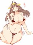  1girl bikini breasts brown_eyes brown_hair collarbone curvy female hair_ornament huge_breasts kantai_collection kneeling kongou_(kantai_collection) long_hair navel open_mouth red_bikini simple_background solo string_bikini swimsuit thigh_gap v wedge white_background wide_hips wink 