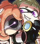  domino_mask glowing glowing_eyes goggles green_hair grin gun hair_over_one_eye hero_shot_(splatoon) inkling mask multiple_girls octarian octoling purple_eyes smile splatoon_(series) splatoon_1 squidbeak_splatoon takozonesu teeth tentacle_hair tokkyuu_mikan weapon 