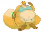 anthro barefoot belly belly_overhang big_belly bottomless canine claws clothed clothing daef eyes_closed fanning_self food fox fur holding_food holding_object love_handles male mammal moobs navel obese obese_male open_mouth orange_fur overweight overweight_male popsicle simple_background solo sweat teeth thick_thighs toe_claws tongue tongue_out white_background 