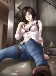  barbed_wire blue_eyes bra broken_glass brown_hair denim glass holster jeans juli_kidman open_clothes open_shirt pants puddle shirt short_hair solo the_evil_within thor_(deep_rising) torn_clothes underwear 