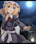  blonde_hair do_(4-rt) dress full_moon hat highres juliet_sleeves letterboxed long_sleeves maribel_hearn mob_cap moon night open_mouth pocket_watch puffy_sleeves purple_dress purple_eyes sash sky solo sparkle touhou watch 